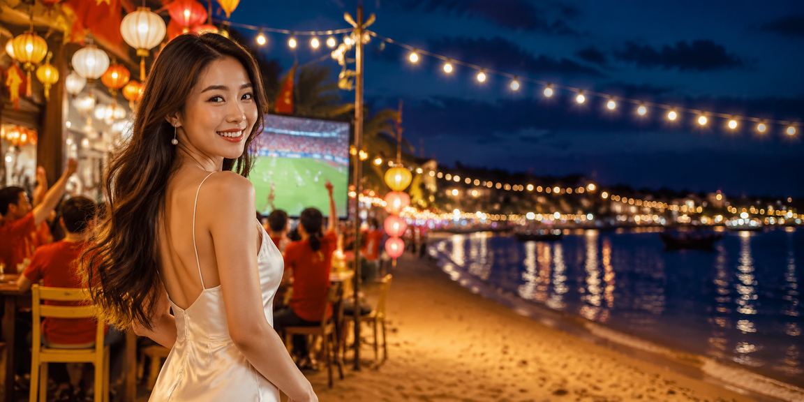 Người hâm mộ bóng đá Hội An xem trận đấu qua điện thoại dưới ánh đèn lồng